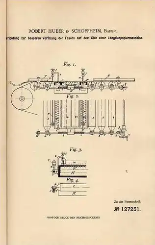 Original Patentschrift - R. Huber in Schopfheim , 1900 , Langsiebpapiermaschine !!!