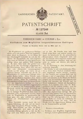 Original Patentschrift - F. Radu in Colmar i. Els., 1901 , Abtransport von Gebirge , Bergbau , Bergwerk , Tunnel  !!!