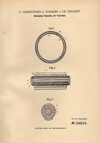Original Patentschrift - C. Christensen in Porskier b. Tingleff / Tinglev Sogn ,1900, elastischer Reifen für Fahrrad !!!