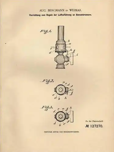 Original Patentschrift - A. Bergmann in Weimar , 1901 , Regelelung für Bunsenbrenner , Brenner !!!