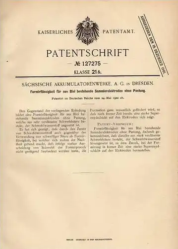 Original Patentschrift - Sächsische Akkumulatorenwerke in Dresden , 1900 , Elektroden aus Blei , Akku , Batterie !!!