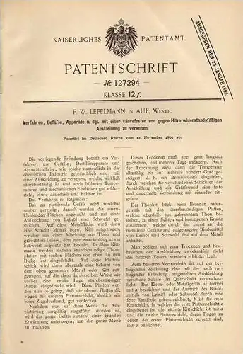 Original Patentschrift - F. Lefelmann in Aue , Westf., 1899 , säurefeste Beschichtung für Gefäße und Apparate !!!