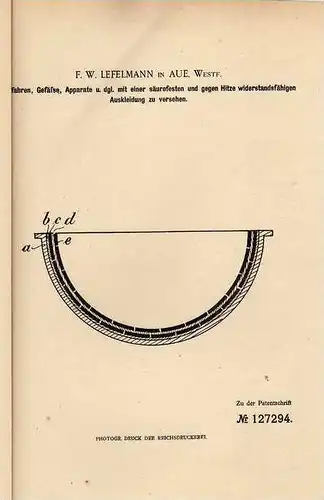 Original Patentschrift - F. Lefelmann in Aue , Westf., 1899 , säurefeste Beschichtung für Gefäße und Apparate !!!