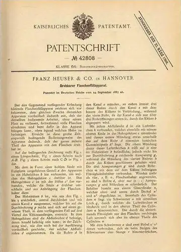 Original Patentschrift - Füllapparat für Flaschen , 1887 , F. Heuser & Co in Hannover !!!