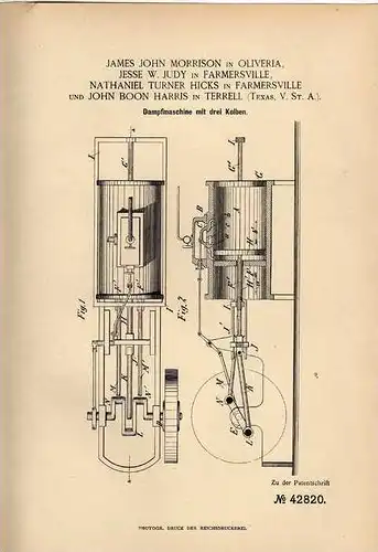 Original Patentschrift - Dampfmaschine mit drei Kolben , 1886 , J. Judy in Oliveria , Terrel und Farmersville !!!