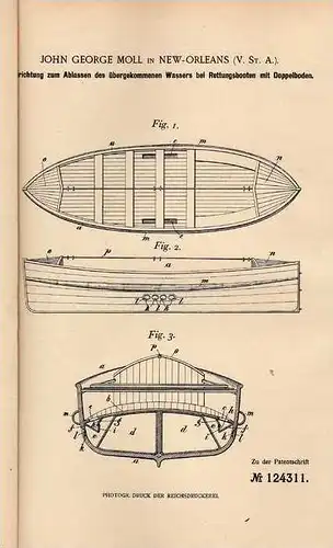 Original Patentschrift - Rettungsboot , 1901 , J. Moll in New Orleans , Titanic , Boot  !!!