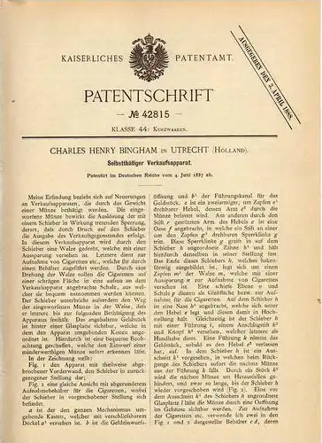 Original Patentschrift - C. Bingham in Utrecht , 1887 , Verkaufsapparat , Cigaretten - Apparat  !!!
