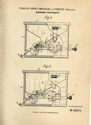 Original Patentschrift - C. Bingham in Utrecht , 1887 , Verkaufsapparat , Cigaretten - Apparat  !!!