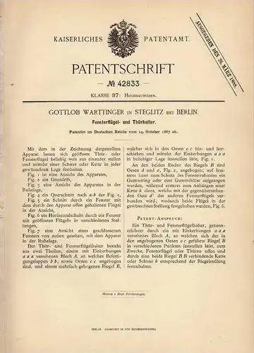 Original Patentschrift - G. Warttinger in Steglitz b. Berlin , 1887 , Halter für Tür - und Fensterflügel , Fensterbau !!