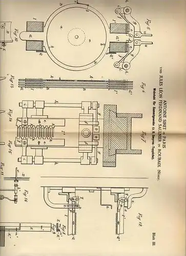 Original Patentschrift - A. Siret in Roubaix und Paris , 1886 , Webstuhl für Samt - Teppich , Perser , Weberei , Weber !