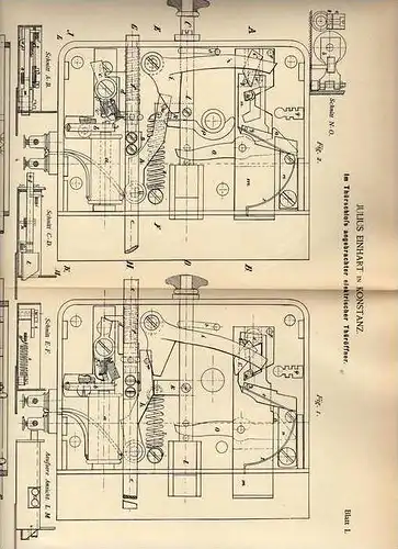 Original Patentschrift - J. Erhart in Konstanz , 1887 , elektrischer Türöffner , Türschloß !!!