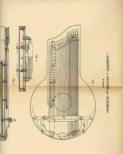 Original Patentschrift - J. Kurbjeweit in Lentzinen b. Ortelsburg , 1887 , Zither , Musik , Musikinstrument ,  Szczytno