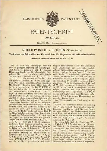 Original Patentschrift - A. Patschke in Dorsten , 1887 , Gleichrichter für Hängebahn , Schwebebahn , Seilbahn !!!