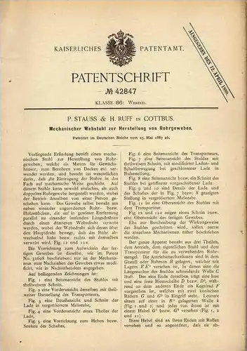 Original Patentschrift - P. Stauss in Cottbus , 1887 , Webstuhl , Weberei , Weben !!!