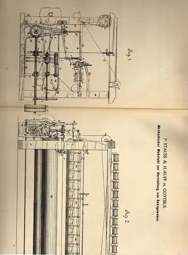 Original Patentschrift - P. Stauss in Cottbus , 1887 , Webstuhl , Weberei , Weben !!!