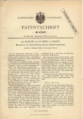 Original Patentschrift - von Flotow in Danzig , 1887 , Walzwerk für Bleigeschosse , Munition , H. Leidig !!!