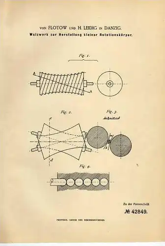 Original Patentschrift - von Flotow in Danzig , 1887 , Walzwerk für Bleigeschosse , Munition , H. Leidig !!!