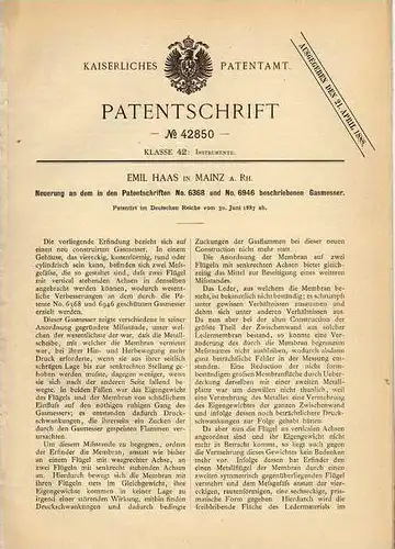 Original Patentschrift - Gasmesser , 1887 , E. Haas in Mainz a. Rh. , Gaszähler , Gaswerk , Gas !!!