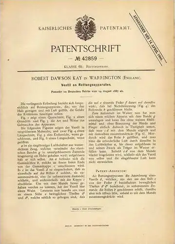 Original Patentschrift - R. Kay in Warrington , 1887 , Apparat zur Rettung , Seenotrettung , Seenot !!!