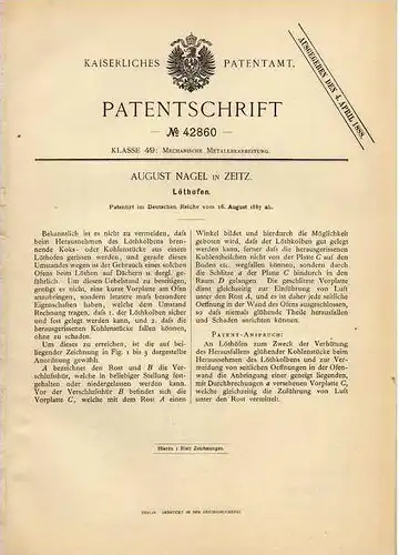 Original Patentschrift - A. Nagel in Zeitz , 1887 , Löthofen , Lötkolben , löten !!!