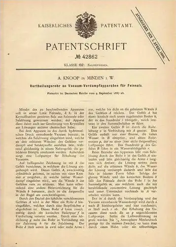 Original Patentschrift - A. Knoop in Minden , 1887 , Vacuum- und Verdampfapparat für Salz !!!