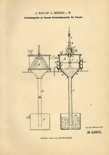 Original Patentschrift - A. Knoop in Minden , 1887 , Vacuum- und Verdampfapparat für Salz !!!