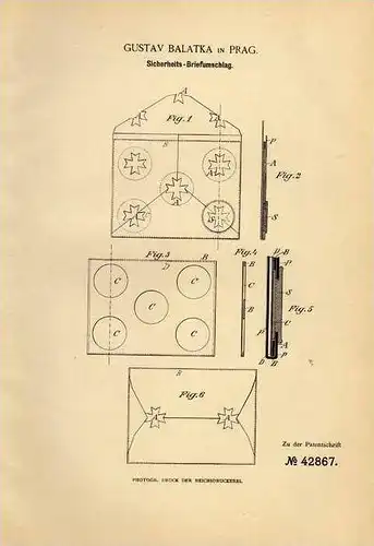Original Patentschrift - G. Balatka in Prag , 1887 , Sicherheits - Briefumschlag mit Siegel , Dokumente !!!