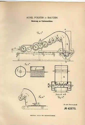 Original Patentschrift - A. Polster in Bautzen , 1886 , Fachmaschine für Kleider , Bekleidung !!!