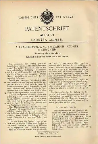 Original Patentschrift - Alexanderwerk in Remscheid , 1906 , Messerputzmaschine !!!