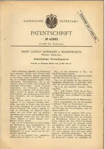 Original Patentschrift - E. Hoffmann in Wandsworth , Surrey , 1887 , Verkaufsapparat , Verkauf , Chocolate , Schokolade