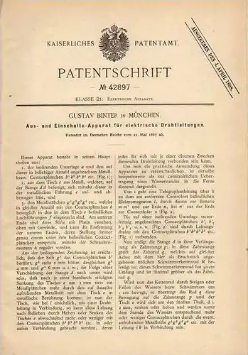 Original Patentschrift - G. Binter in München , 1887 , Ein- und Ausschaltapparat für Stromleitung , Elektrik !!!