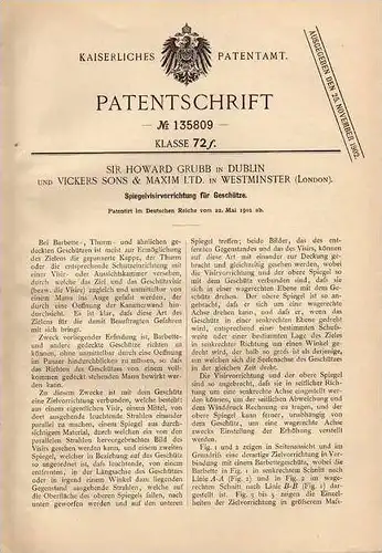 Original Patentschrift - Spiegel - Visiervorrichtung für Geschütze , 1901 , Vickers & Sons in London und Dublin !!!