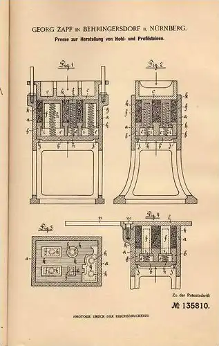 Original Patentschrift - G. Zapf in Behringersdorf b. Nürnberg , 1902 , Presse für Hohl- und Profilstein , Bau , Maurer