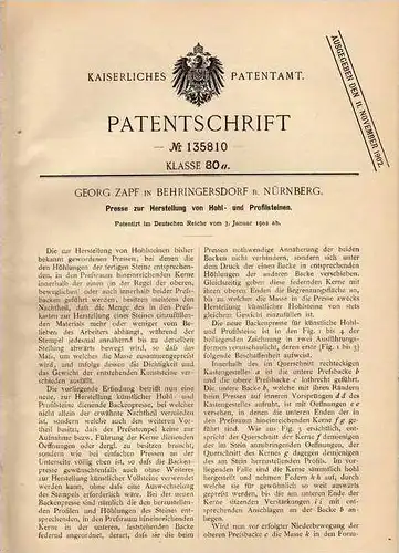 Original Patentschrift - G. Zapf in Behringersdorf b. Nürnberg , 1902 , Presse für Hohl- und Profilstein , Bau , Maurer