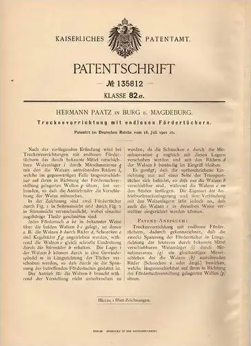 Original Patentschrift - H. Paatz in Burg b. Magdeburg , 1901 , Trockenvorrichtung !!!