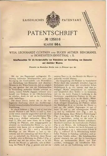 Original Patentschrift - W. Günther in Hohenstein-Ernstthal i.S. , 1901 , Schaftmaschine für Webstühle , Weberei !!!