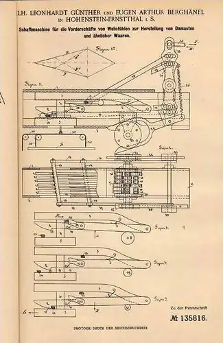 Original Patentschrift - W. Günther in Hohenstein-Ernstthal i.S. , 1901 , Schaftmaschine für Webstühle , Weberei !!!