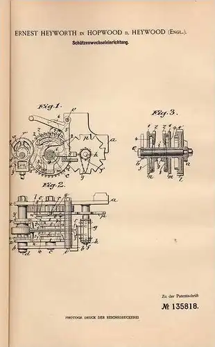 Original Patentschrift - E. Heyworth in Hopwood b. Heywood , 1899 , Apparat für Webstuhl , Weberei , Weben !!!