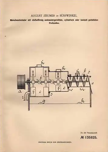 Original Patentschrift - A. Zeumer in Süsswinkel , 1902 , Maischeentschaler , Maische , Brauerei !!!