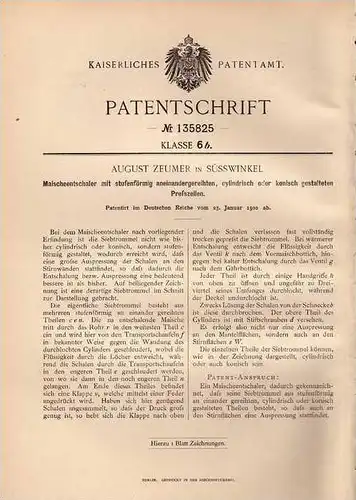 Original Patentschrift - A. Zeumer in Süsswinkel , 1902 , Maischeentschaler , Maische , Brauerei !!!