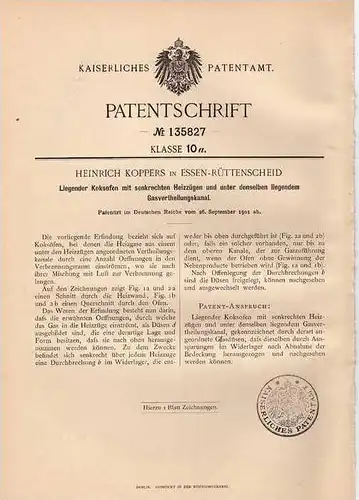 Original Patentschrift - H. Koppers in Essen - Rüttenscheid , 1901 , liegender Koksofen , Koks !!!
