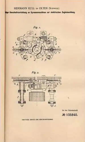 Original Patentschrift - H. Kull in Olten , Schweiz , 1902 . Dynamomaschine für Zugbeleuchtung , Eisenbahn !!!