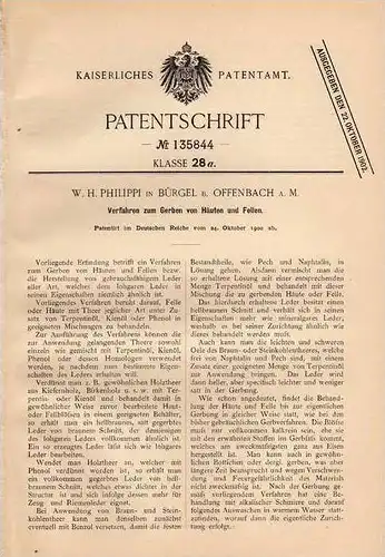 Original Patentschrift - W. Philippi in Bürgel b. Offenbach a.M., 1900 , Gerben und Häuten von Fell , Gerberei !!!