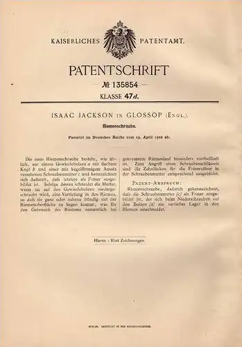 Original Patentschrift - Isaac Jackson in Glossop , 1902 , Riemenschraube , Schraube !!!