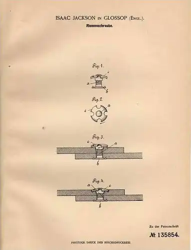 Original Patentschrift - Isaac Jackson in Glossop , 1902 , Riemenschraube , Schraube !!!