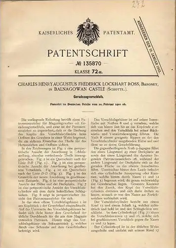Original Patentschrift - C. Ross , Baronet in Balnagowan Castle , 1900 , Rifle, weapon, hunting, hunter !!!