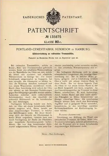 Original Patentschrift - Portland Cementfabrik Hemmoor in Hamburg , 1900 , Kühlung für Trommelofen , Cement , Zement !!!