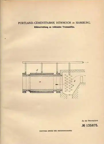 Original Patentschrift - Portland Cementfabrik Hemmoor in Hamburg , 1900 , Kühlung für Trommelofen , Cement , Zement !!!