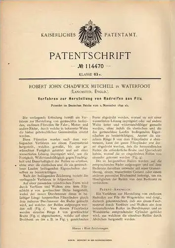 Original Patentschrift - R. Mitchell in Waterfoot , 1899 , Reifen aus Filz , Radreifen !!!