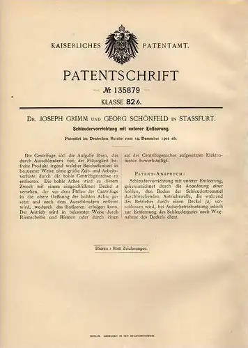 Original Patentschrift - Dr. Grimm in Stassfurt , 1901 , Schleuder , Schleudervorrichtung !!!